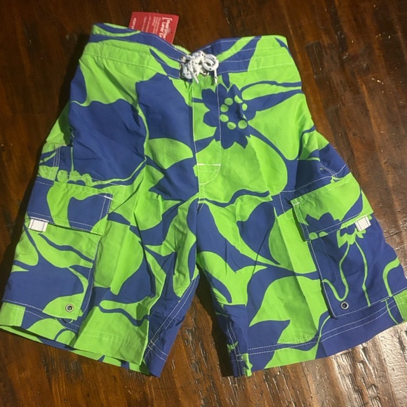 Lands' End NWT Boys Green Blue Swim Trunks bathing suit swim summer SZ S 8 - Picture 1 of 4
